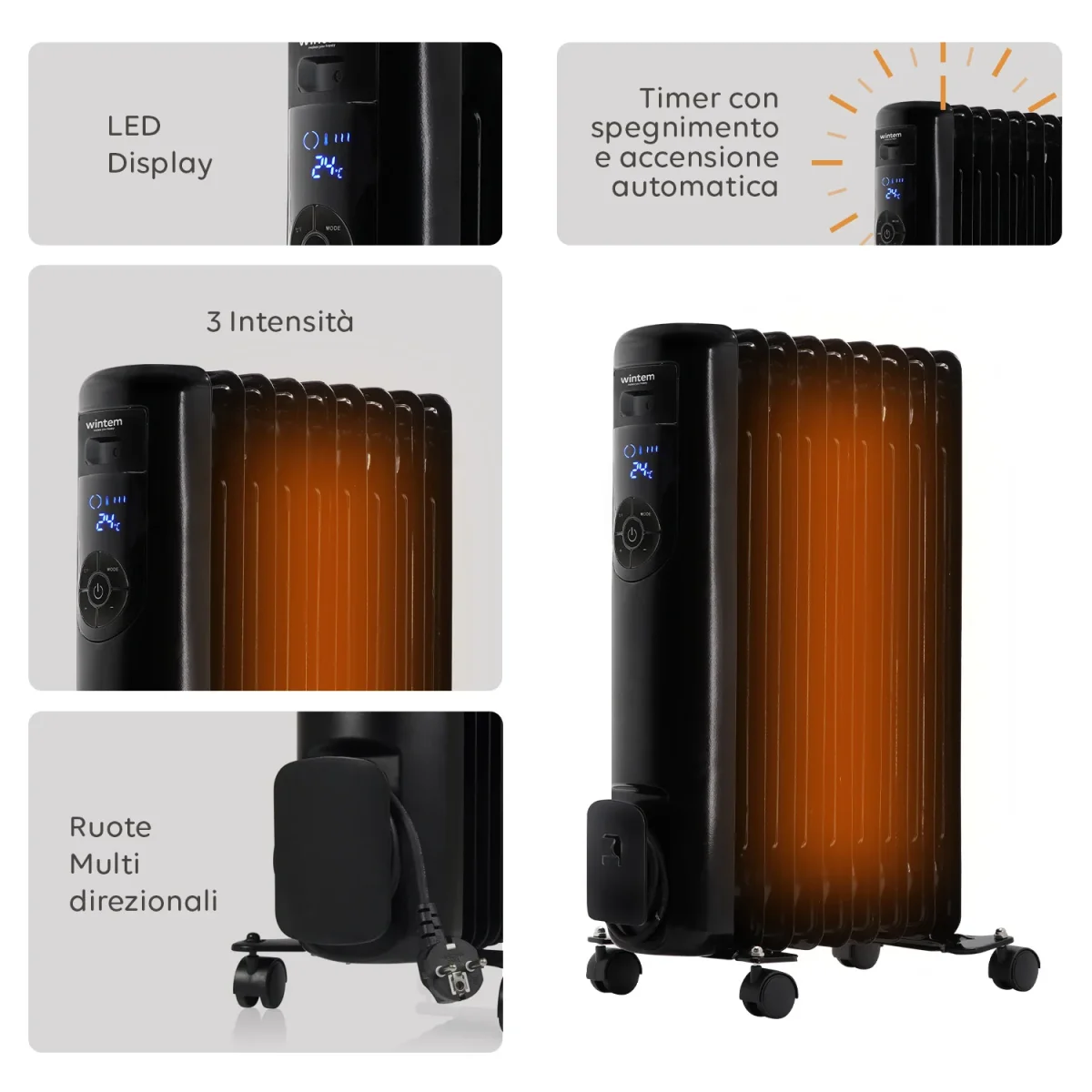Radiatore Elettrico ad Olio 2000W 9 elementi con Regolazione 3 Livelli e Timer - immagine 6